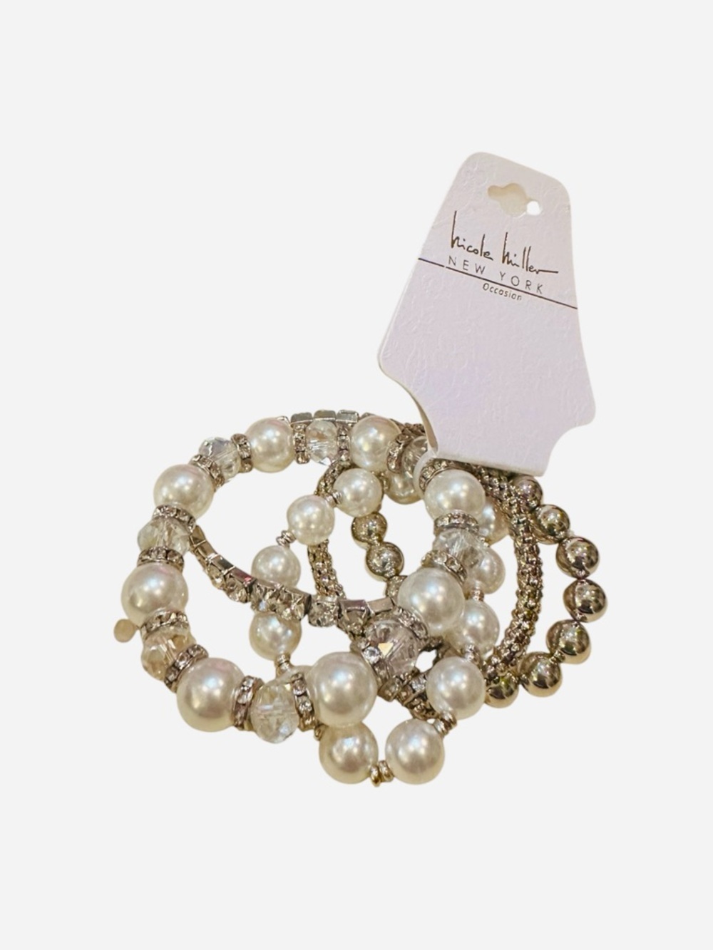 Nicole Miller NY Bracelet Set Pearl Rhinestone Silver Stretch Stack Bundle